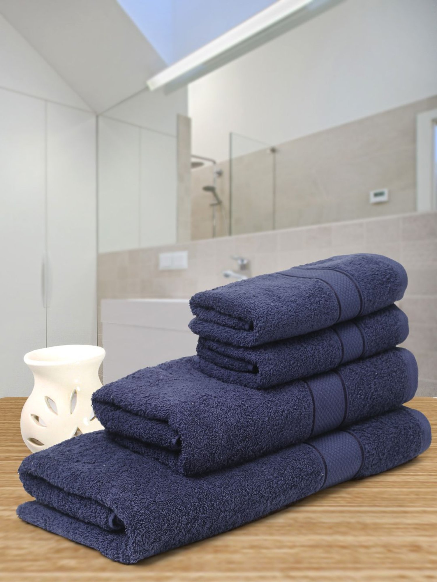 Creeva Navy Blue 525 GSM Cotton Towel Set of 4