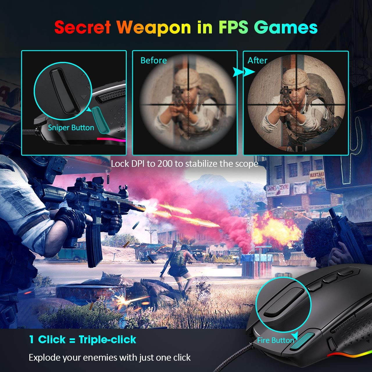 PICTEK RGB Gaming Mouse Wired Mouse Gaming with Weight Tuning Set in the Mouse with 12000 DPI Fire & Sniper Button 10 Programmable Buttons