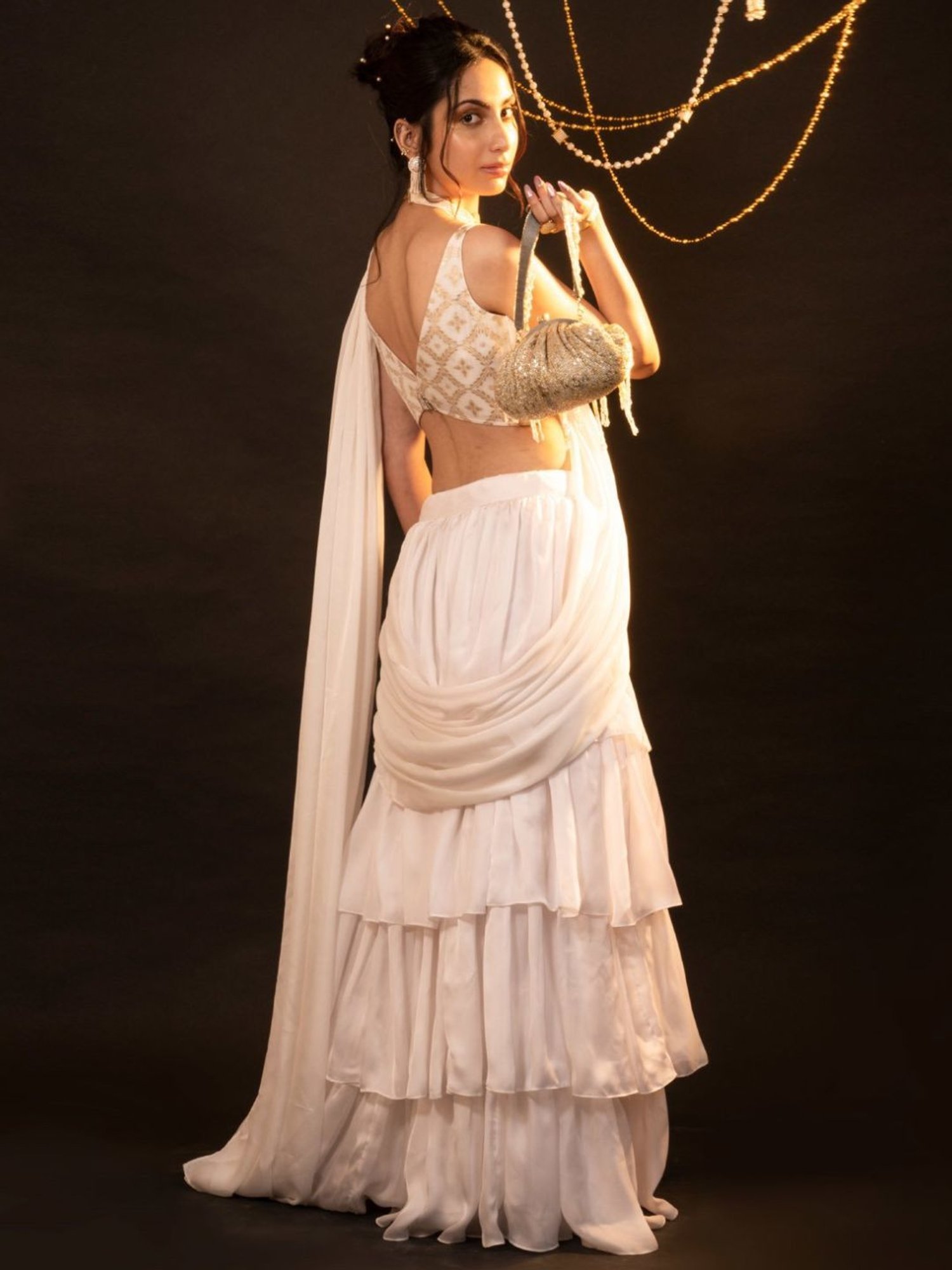 Monk and Mei Soul of Swan White and Gold Mira Ruffle Saree Set