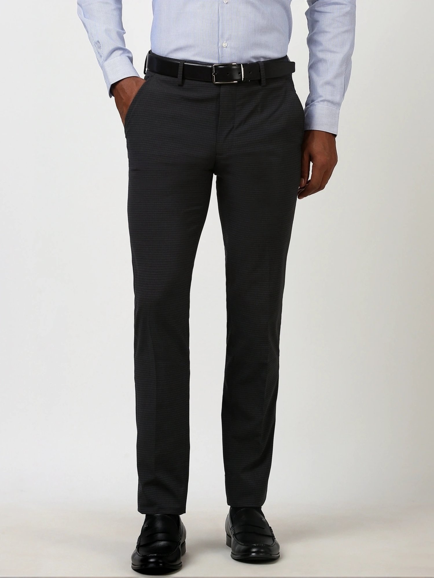 Peter England Grey Slim Fit Self Pattern Trousers