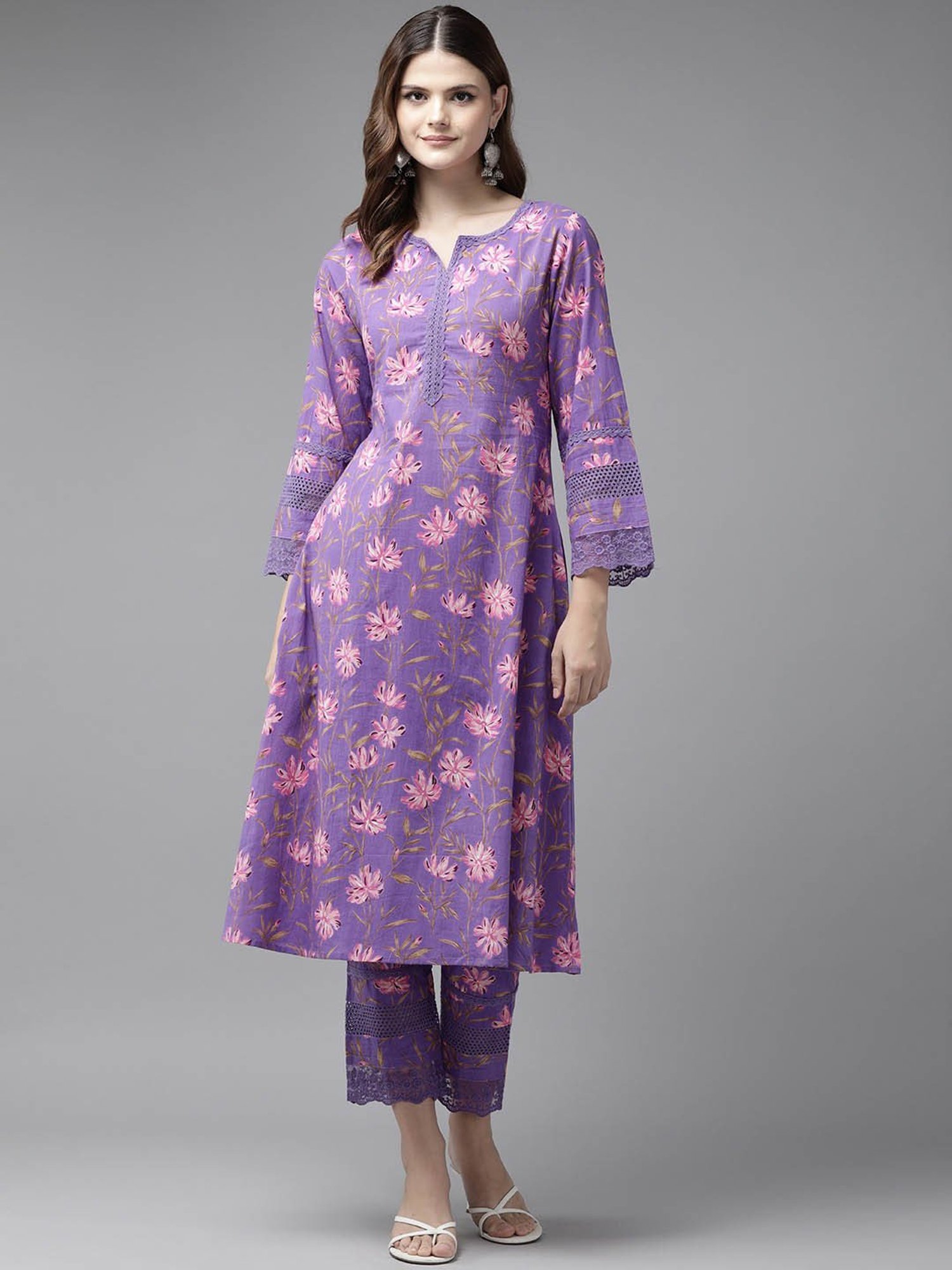 Yufta Purple Pure Cotton Floral Print Kurta Pant Set