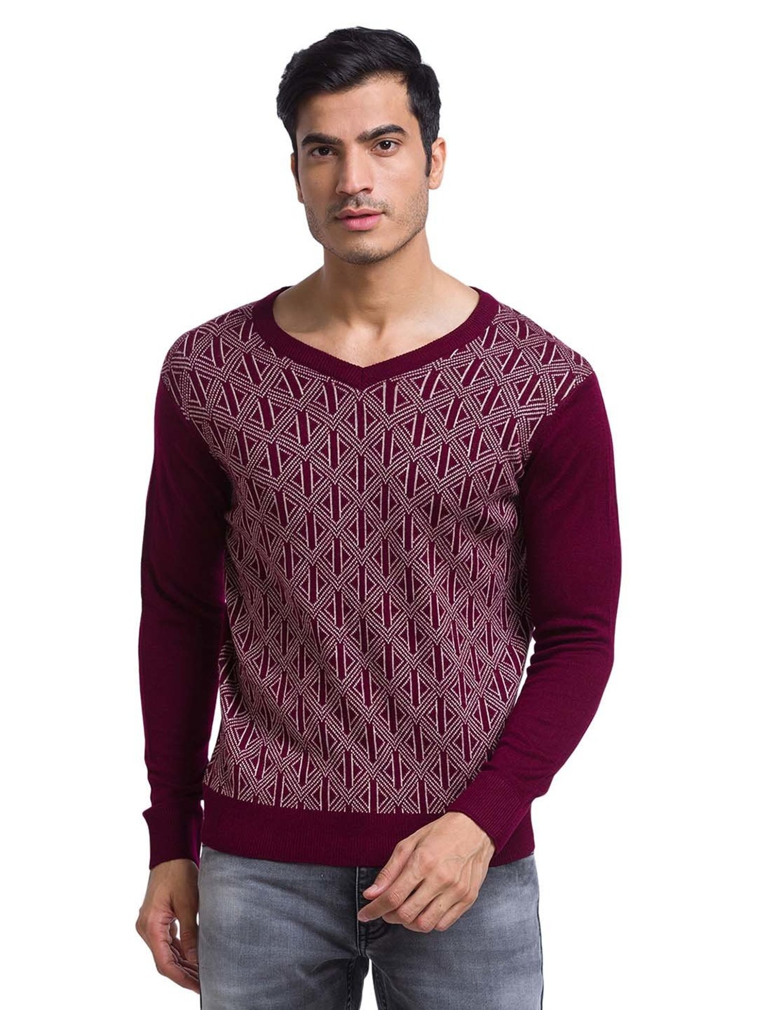 Parx Maroon Regular Fit Self Design Sweater