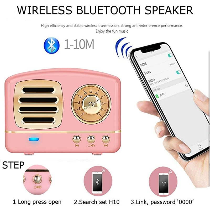 Bluetooth Retro Speaker, Wireless Mini Vintage Speaker with Rich Bass, Stereo, Built-in Mic for Travel, Home,Outdoors (Pink)