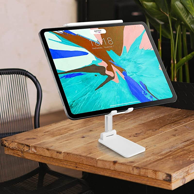 Cell Phone Stand Tablet Holder  Height Adjustable Aluminum Mount Dock Cradle for iPhone Samsung Tablet iPad Nintendo Switch Kindle Great for Facetime Recipe ReadingWhite