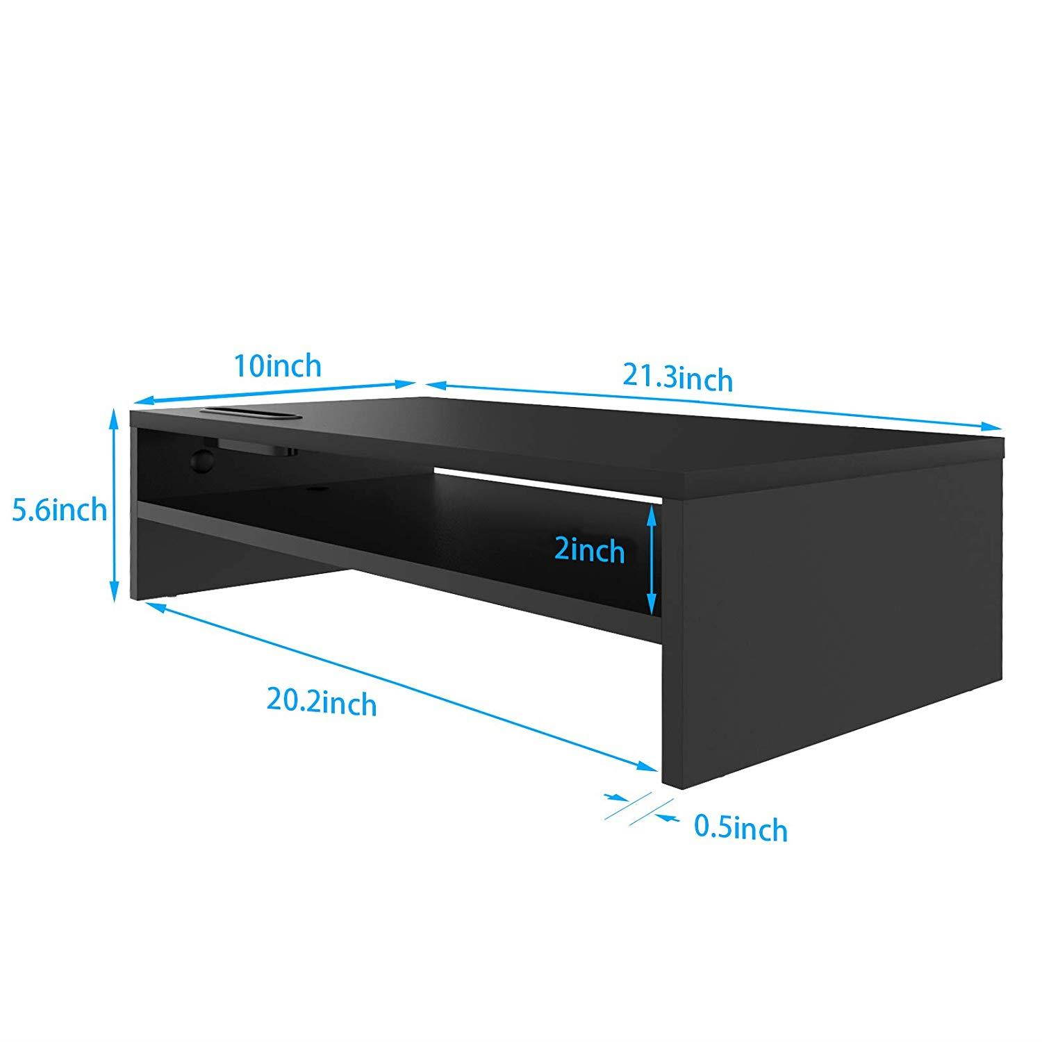 1homefurnit Wood Monitor Stand Riser Desk Storage Organizer, Speaker TV Laptop Printer Stand with Cellphone Holder and Cable Management, 21.3 inch 2 Tiers Shelves Black