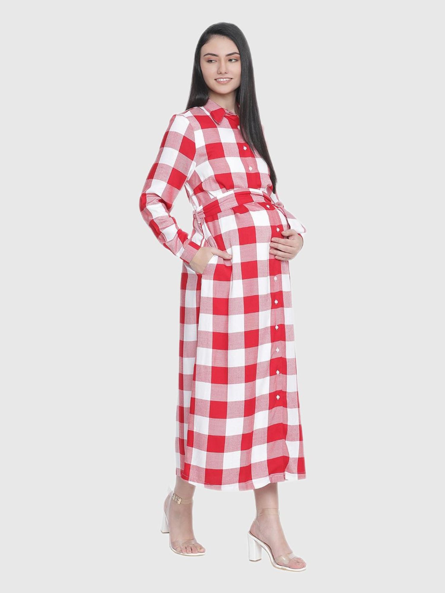 Oxolloxo Red Checks Maternity Dress