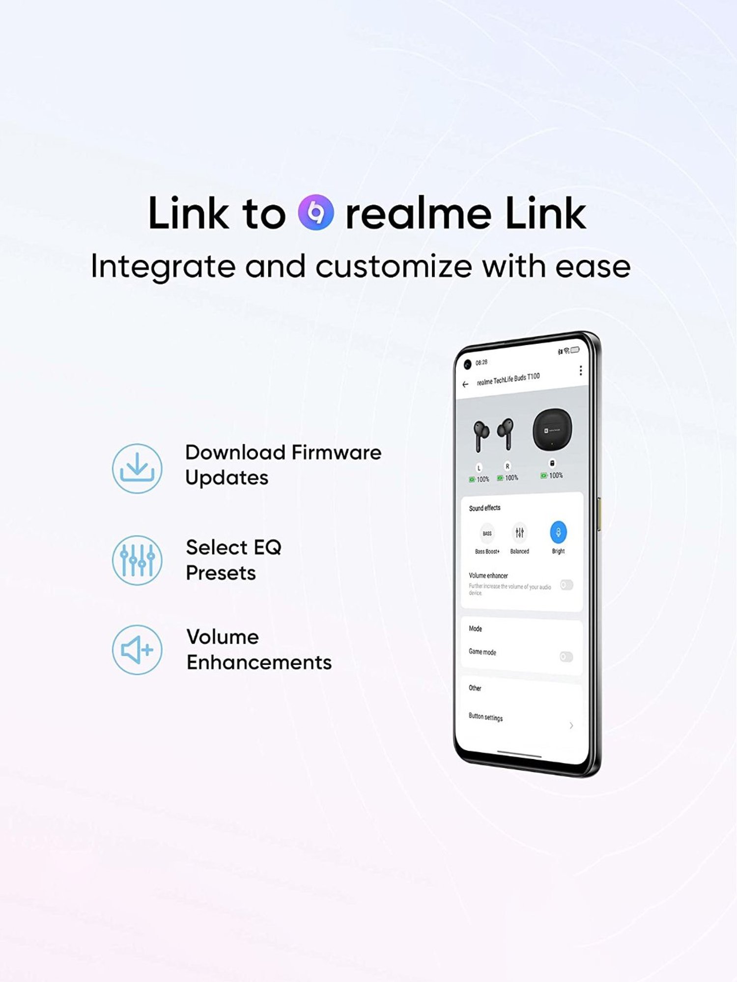 Realme TechLife Buds T100 In Ear Bluetooth Earbuds with AI ENC & 28H Playback (White, True Wireless)