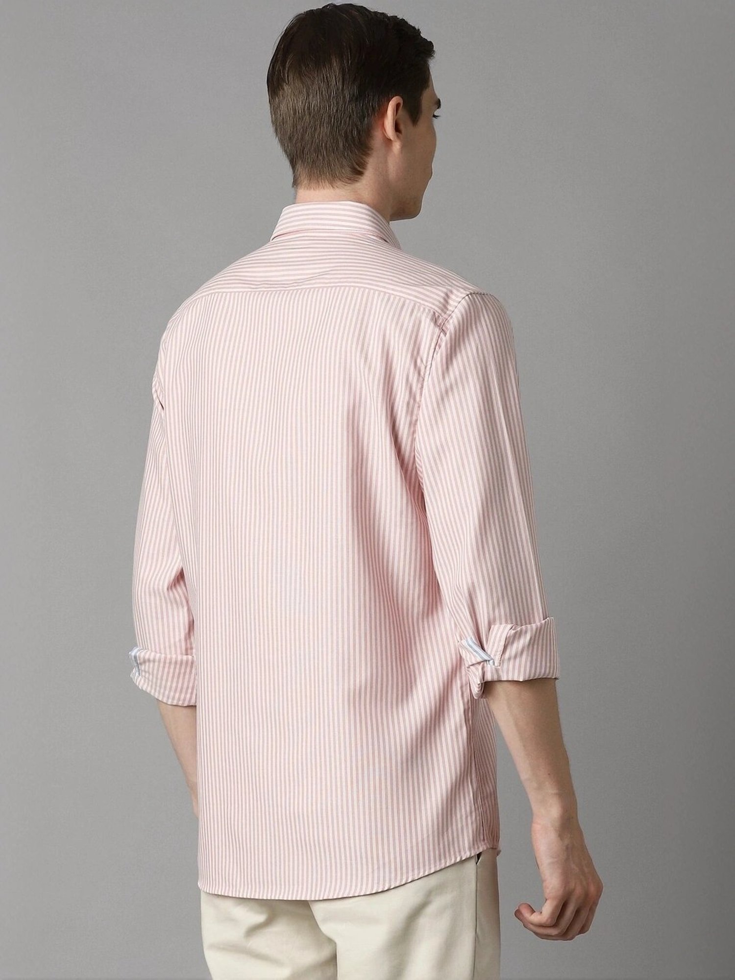 Louis Philippe Pink Cotton Slim Fit Striped Shirt