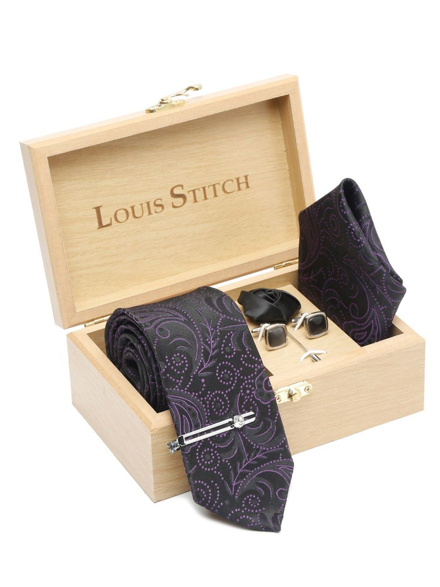 Louis Stitch Black Embroidered Necktie Gift Set - Set of 5