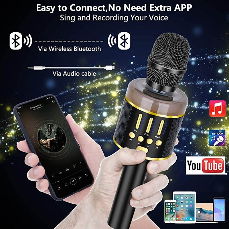 Karaoke Microphone for Kids & Adult, Handheld Wireless Bluetooth Karaoke Mic Speaker Music Player Recorder with LED Lights for Birthday Party, Wedding, Christmas