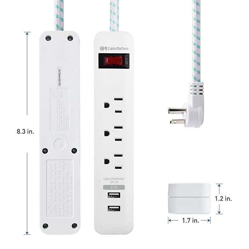 2-Pack 3 Outlet Surge Protector Power Strip with USB Charging Ports with Low Profile Plug and 12 Foot Power Cord in White