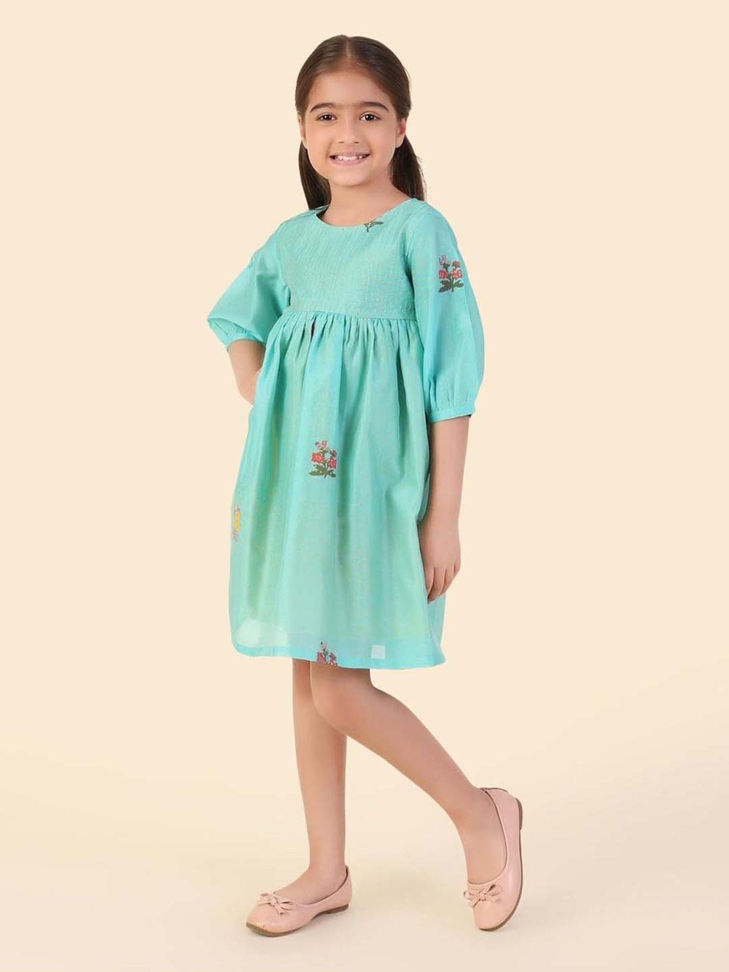 Fabindia Kids Teal Printed Dress