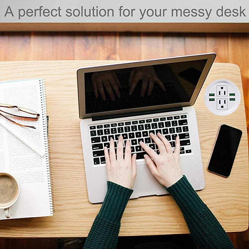 Power Grommet with USB,Recessed Power Socket with 2 AC Outlets and 4 USB Charging Ports. Desk Grommet Outlet 3 1/8in Hole,for Kitchen Table/Conference Room Outlet(White)