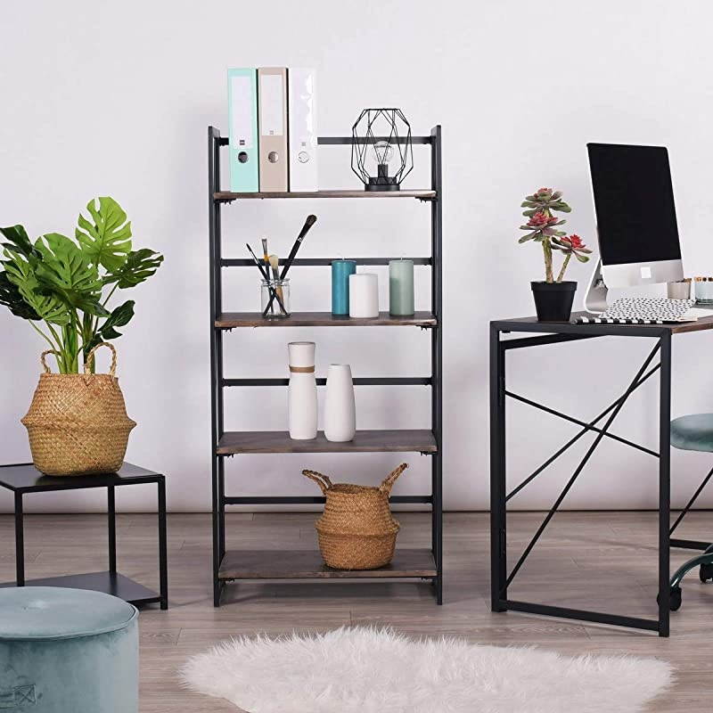 Folding Bookshelf Home Office Industrial Bookcase No Assembly Storage Shelves Vintage 4 Tiers Flower Stand Rustic Metal Book Rack Organizer 236 X 118 X 494 Inches
