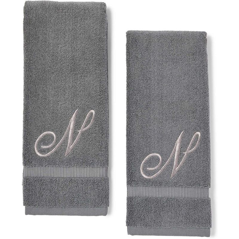 Juvale 2 Pack Monogrammed Hand Towel, Embroidered Letter N (Grey, 16 x 30 in)
