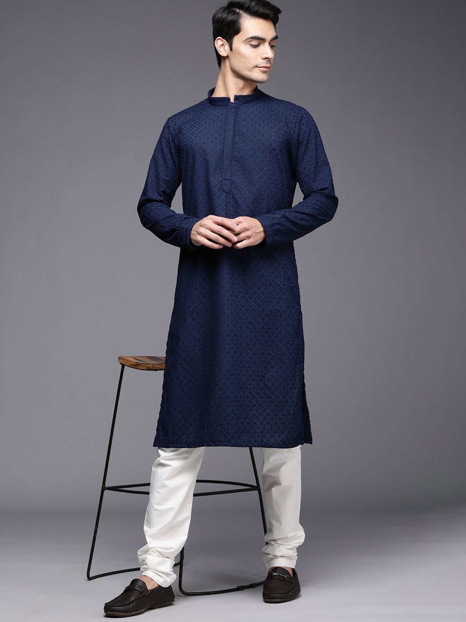 Manyavar Blue & White Regular Fit Self Design Kurta & Pyjamas Set
