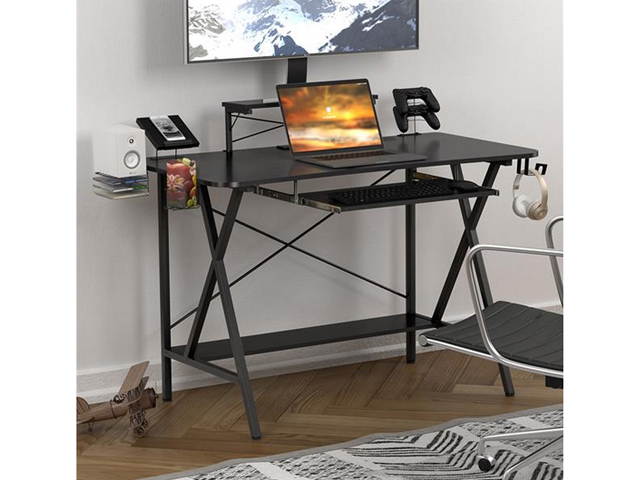 Gaming Desk Table 47" , E-Sports Computer Desk, Gaming Workstation Desk, PC Stand Shelf Keyboard stand Power Strip with USB Cup Holder & Headphone Hook Home Office Desk Gamer Desk , Black,GT02
