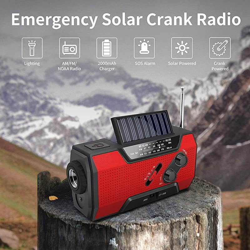 Radio Solar Hand Crank AMFMNOAA Weather Radio for Household and Outdoor with LED Flashlight Reading Lamp 2000mAh Power Bank USB Charger and SOS Alarm Red