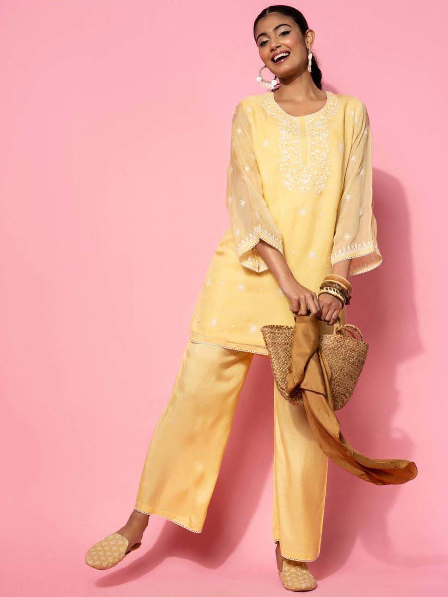 Libas Yellow Embroidered Silk Blend Co-Ords