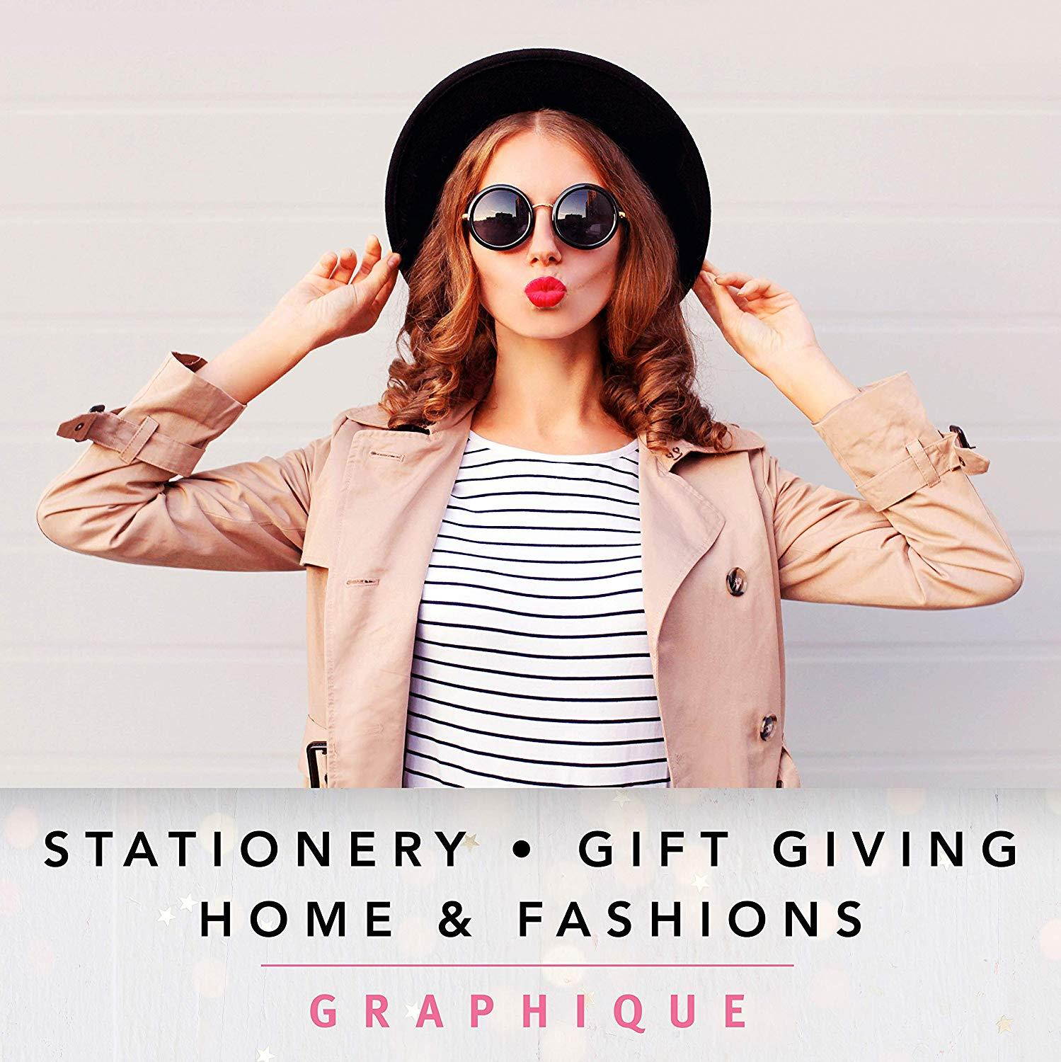 Graphique Classic Charm Hard Cover Journal w/ Elegant Black and White Stripes & "Happy Thoughts" in Embellished Gold Foil Across the Cover, 160 Ruled Pages, 6.25" x 8.25" x 1"