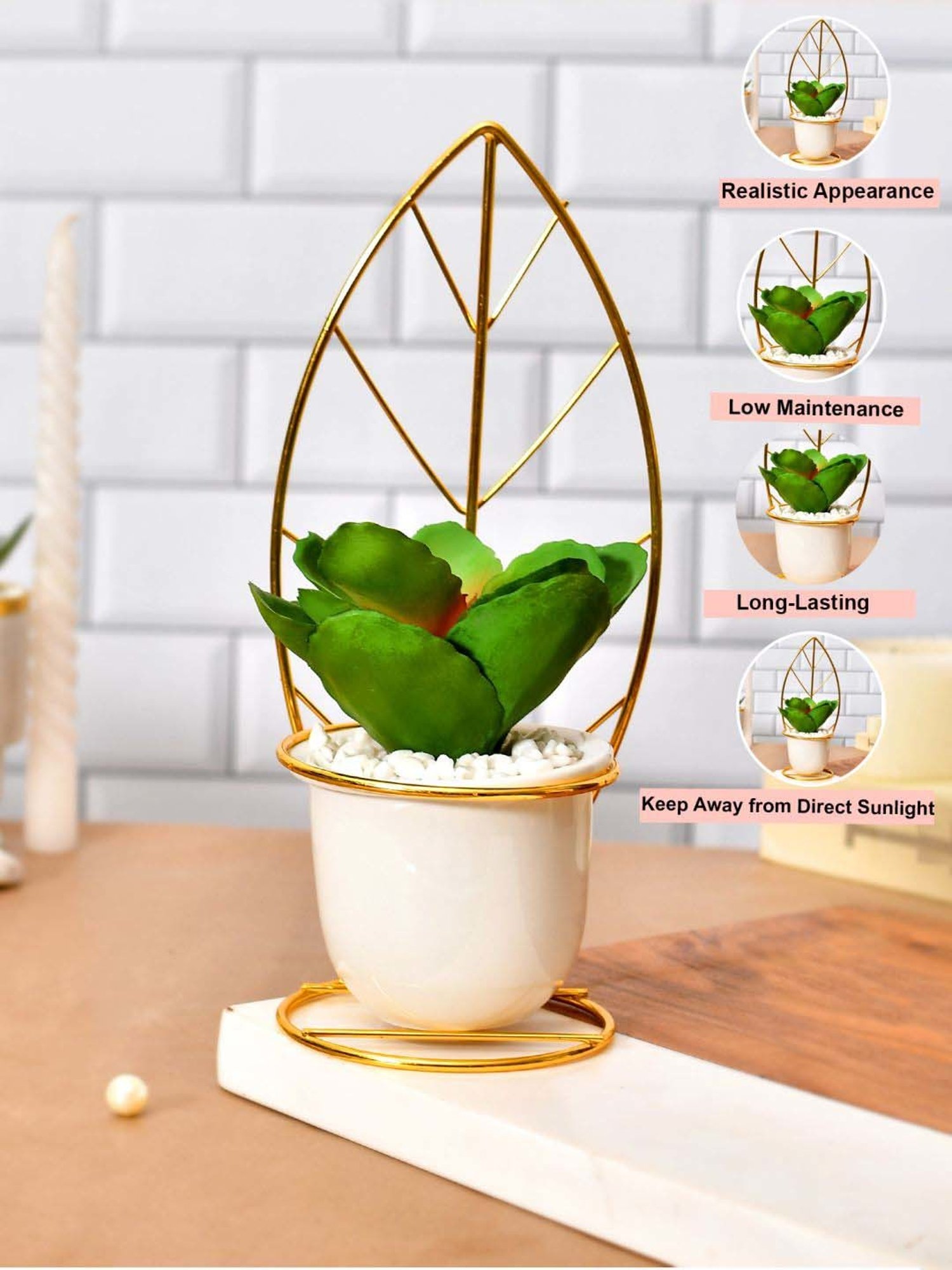 Tayhaa White & Golden Ceramic Leafy Artificial Plant With Pot