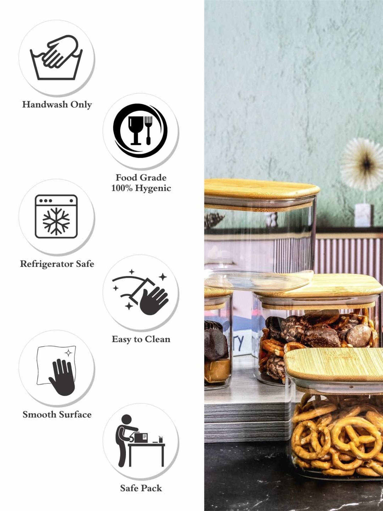 Goodhomes Transparent Glass Storage Jar with Wooden Lid - Set of 4