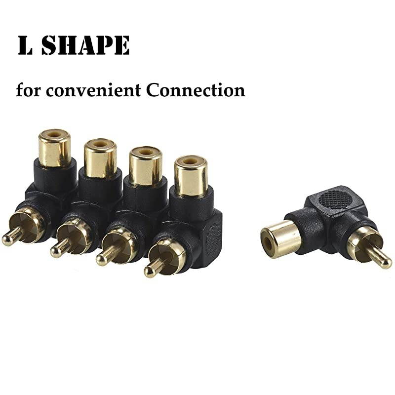 5Pack Gold Plated RCA Male to Female Coupler L Shape 90 Degrees Right Angle RCA Adapter Black