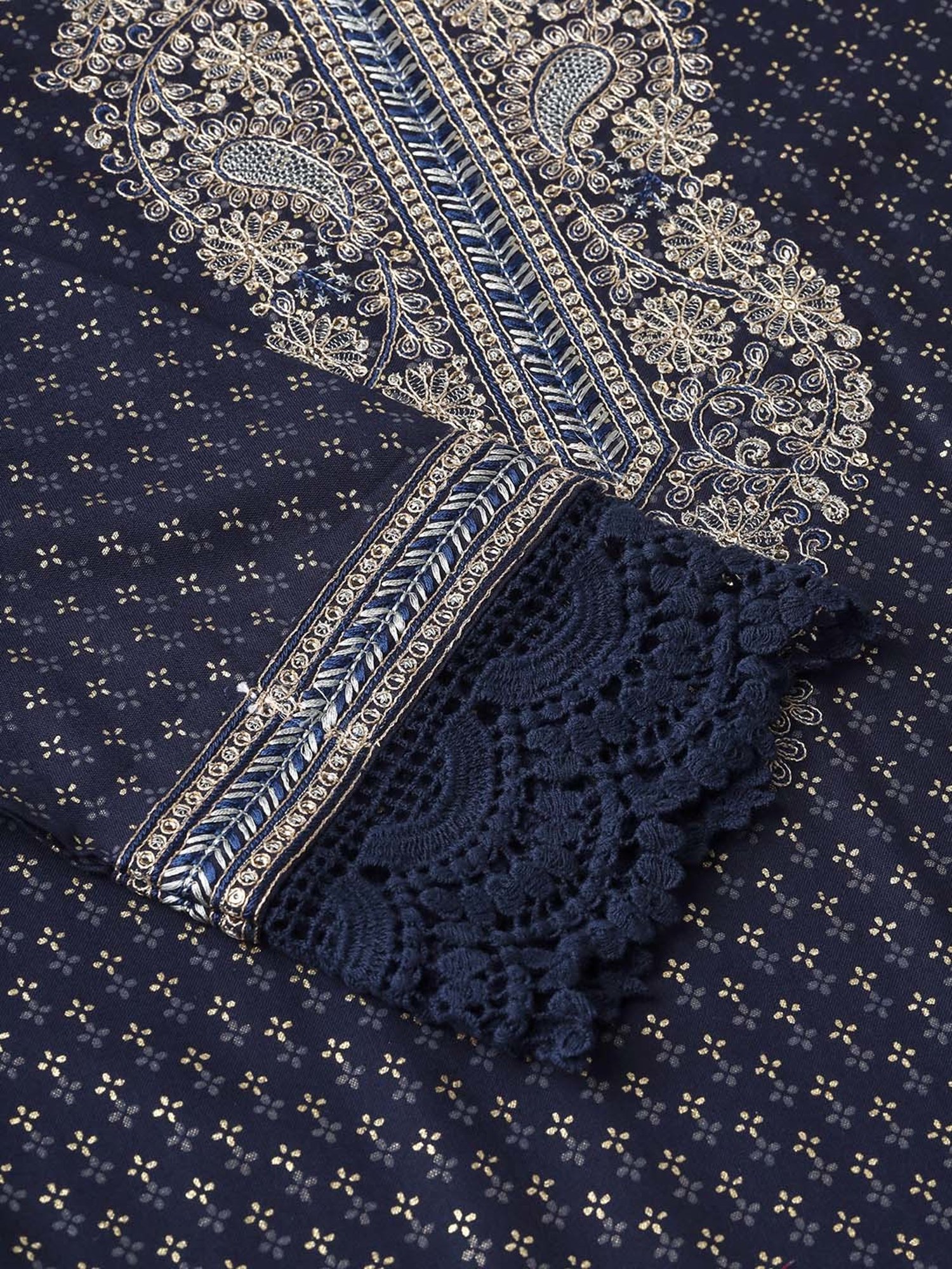 Ishin Navy Embroidered Kurta & Palazzo Set with Dupatta