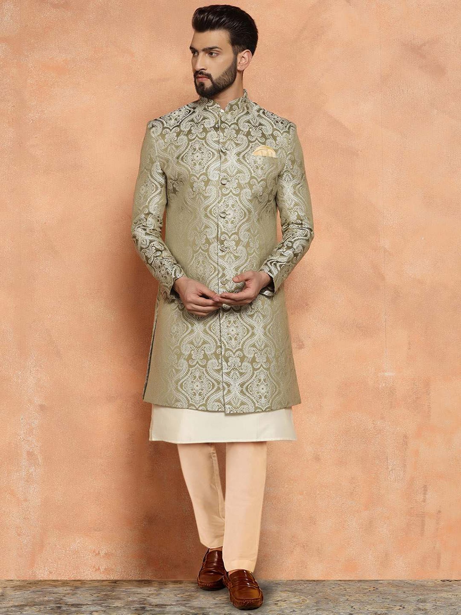 Kisah Beige & Green Regular Fit Jacquard Sherwani Set