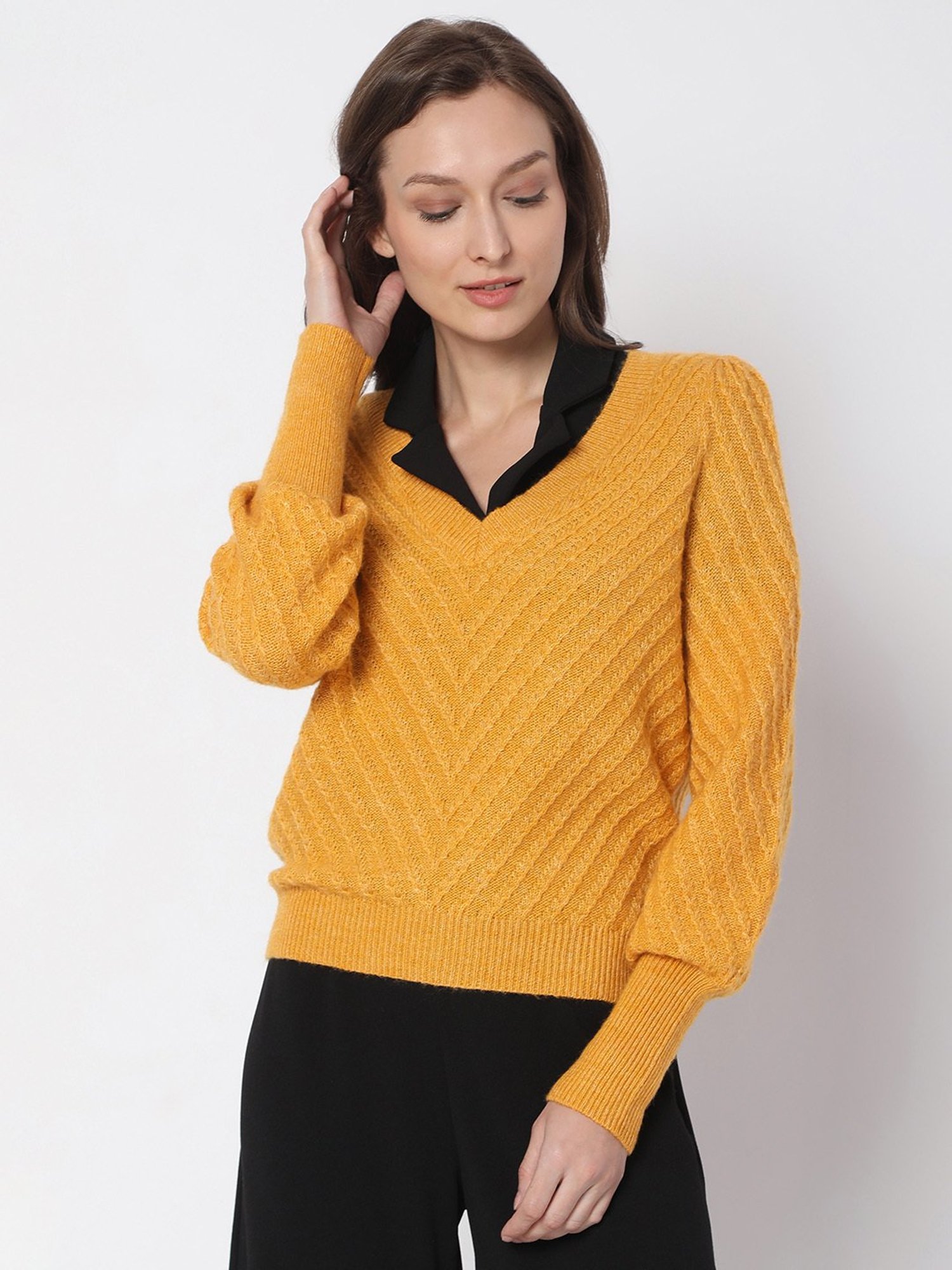 Vero Moda Yellow Self Design Sweater