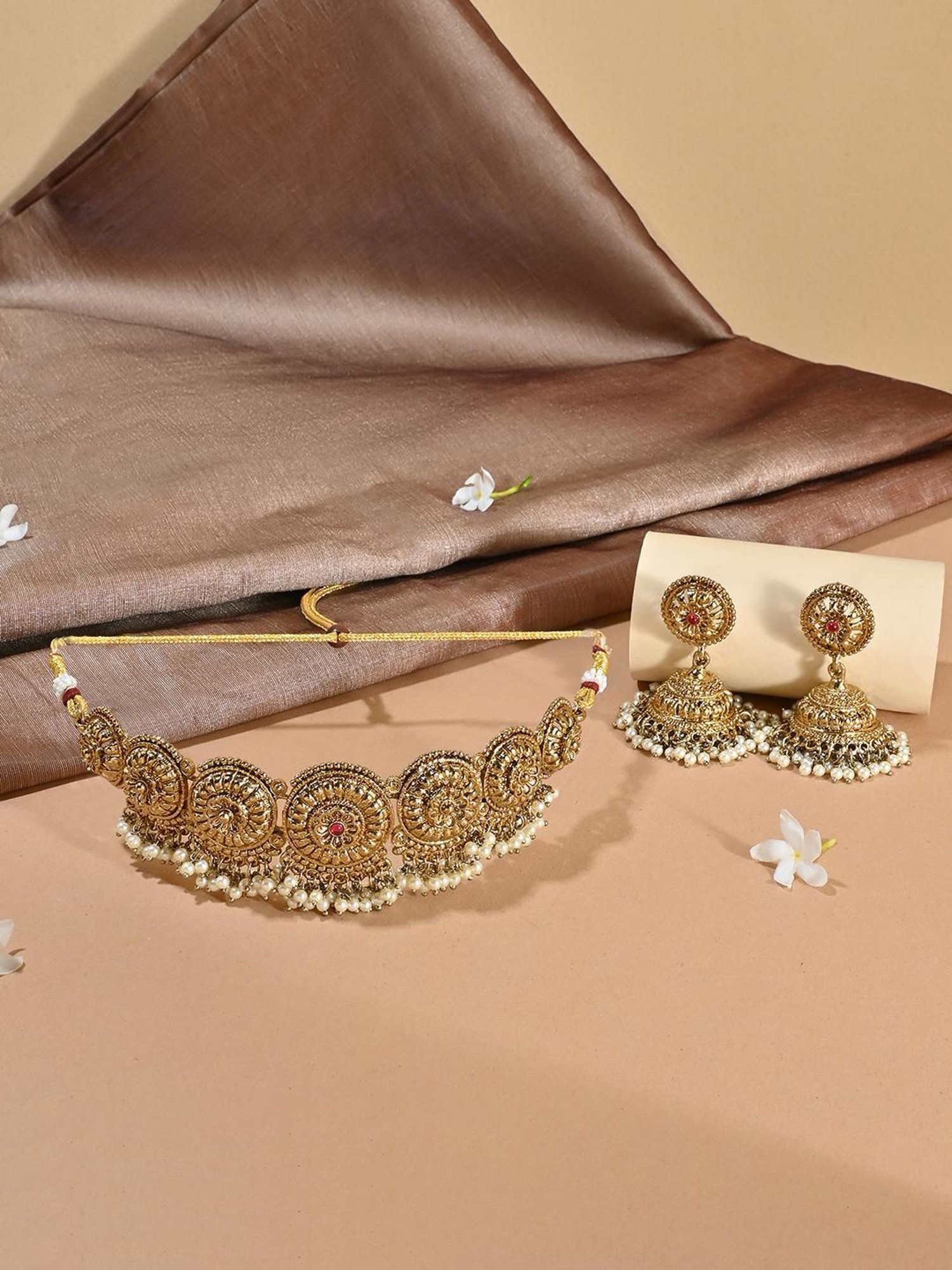 Fida Mehendi Gold Temple Necklace & Earrings Set for Women