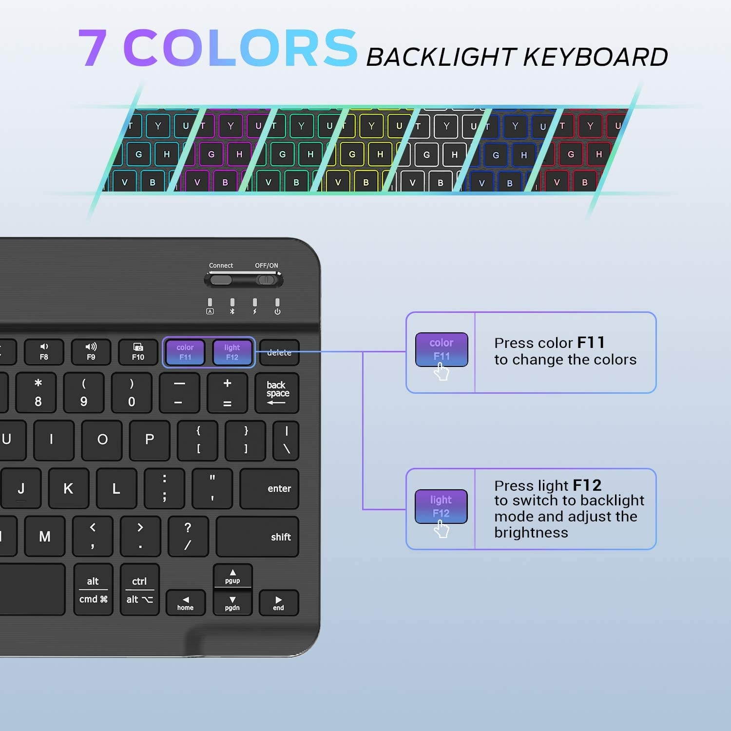 Bluetooth Keyboard iClever BK04 Wireless Keyboard with LED Backlit 7-Colors, Multi-Device Bluetooth Backlit Keyboard, Ultra Slim Quiet Typing Portable Keyboard for Mac iPad iOS Tablets and Laptops