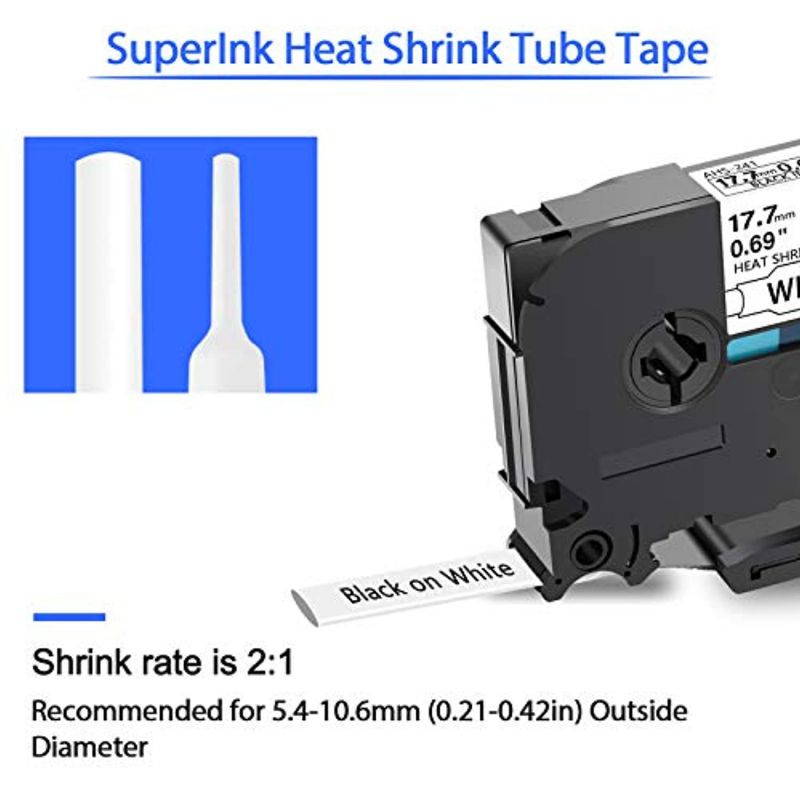 SuperInk 10 Pack Compatible for Brother HSe-241 HSe241 HS-241 HS241 Black on White Heat Shrink Tube Label Tape use in PT-D400 PT-D600 PT-E300 PT-E500 PT-P750WVP Printer (0.69''x 4.92ft, 17.7mm x 1.5m)