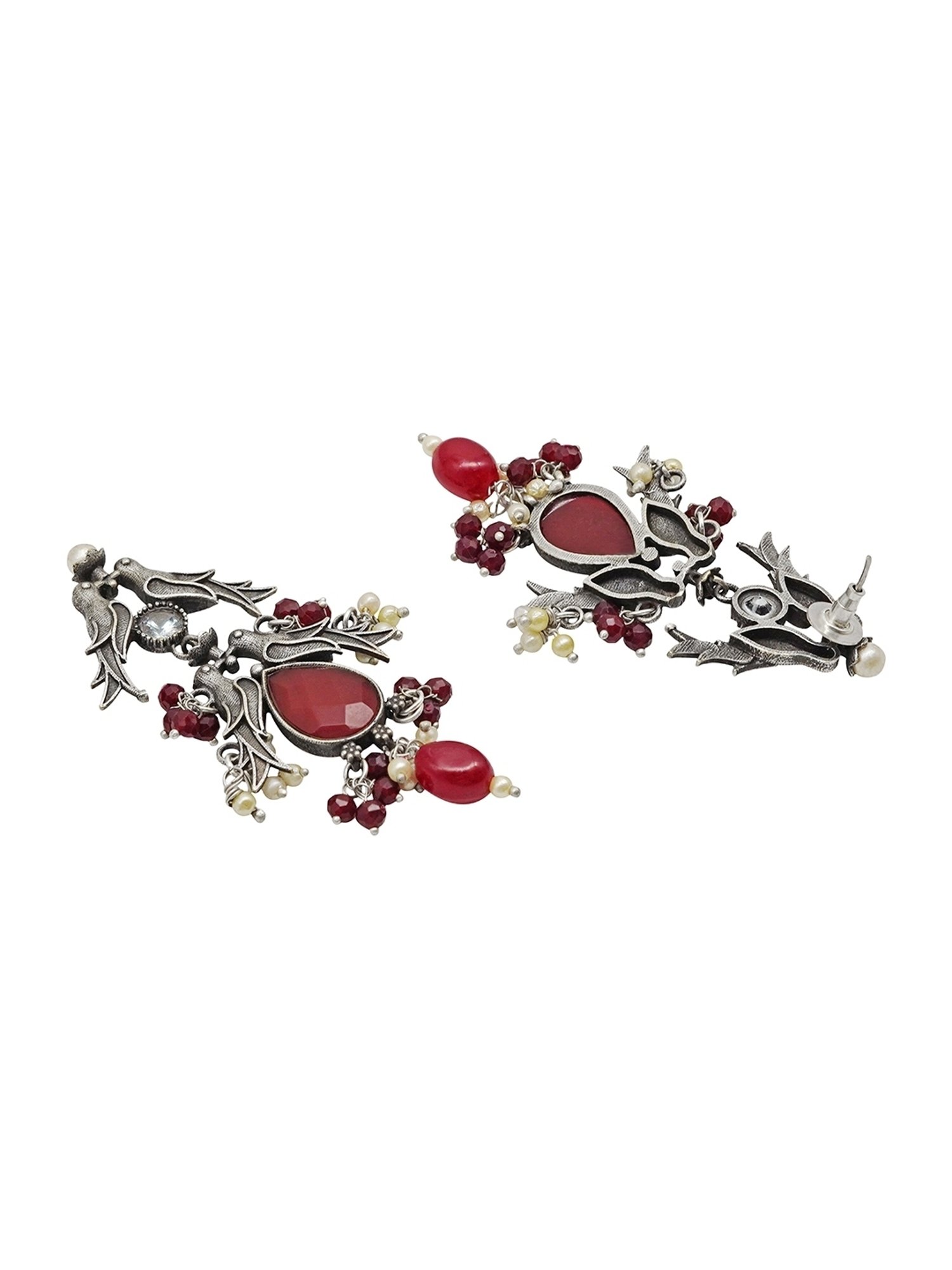 Teejh Ethnic Shyala Red and Silver Oxidized Dangler Earrings