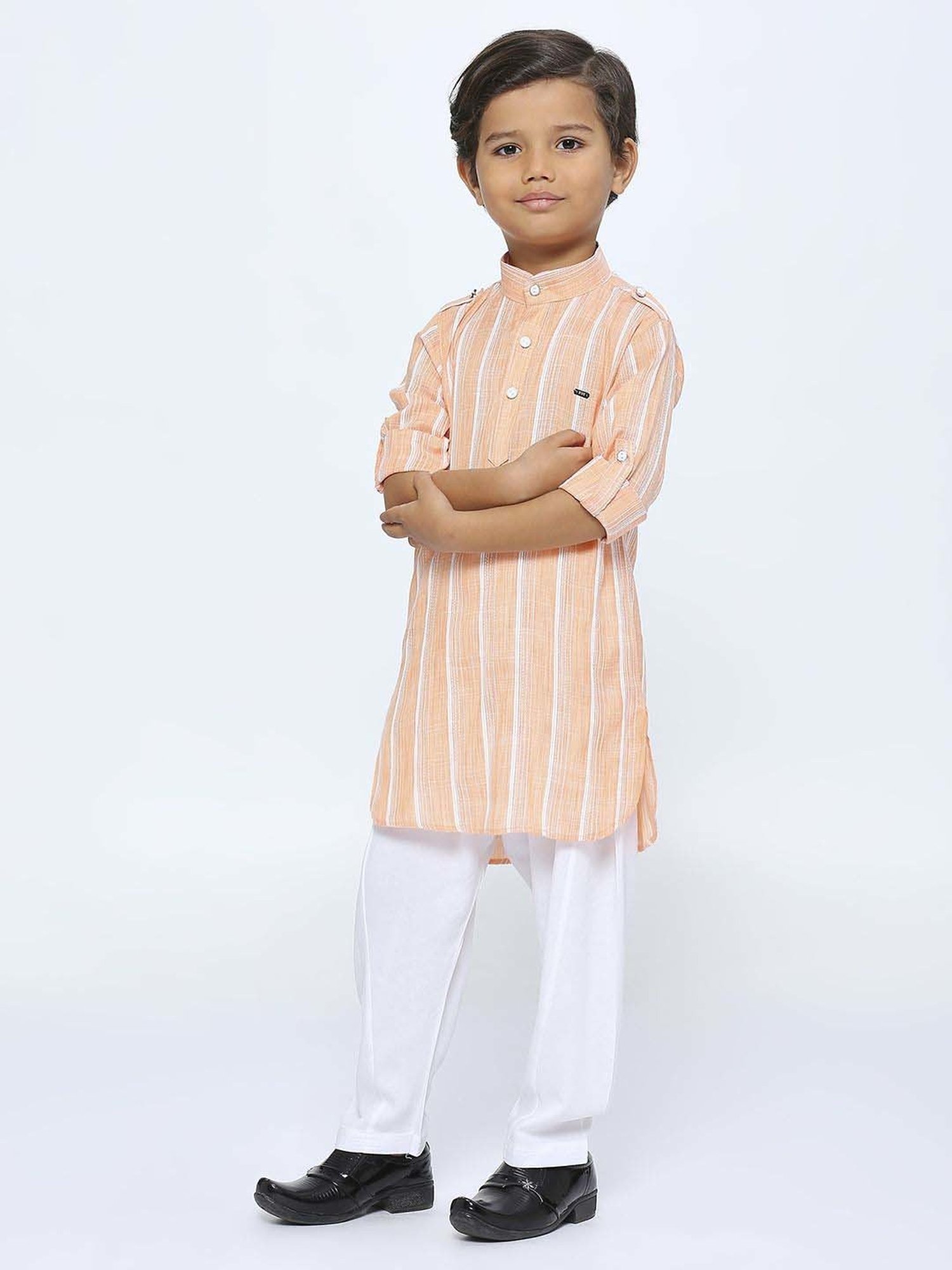 Kids Island Boys Orange Striped Full Sleeves Kurta Set