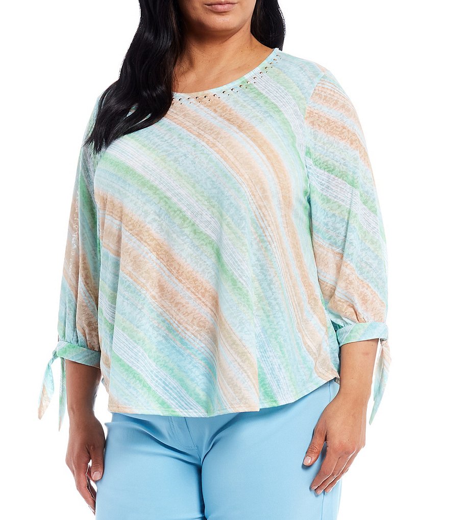 Ruby Rd. Plus Size Embellished Watercolor Stripe Jewel Neck Bow Cuff 3/4 Sleeve Top