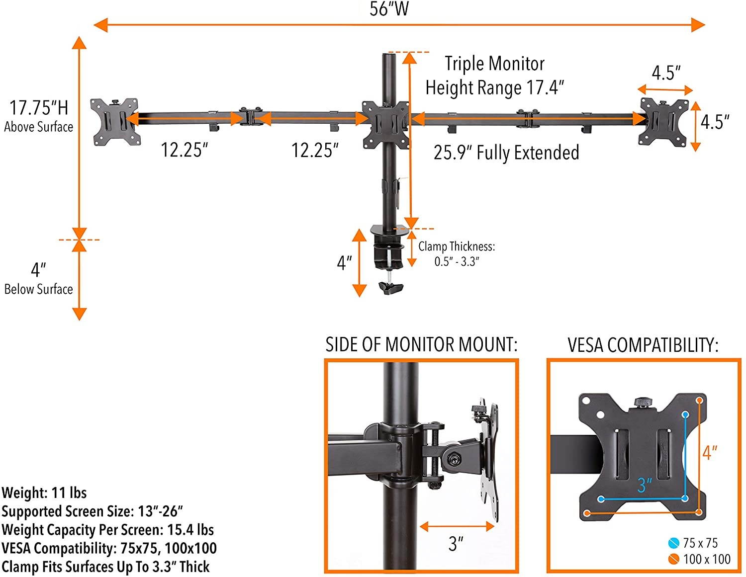 3 Monitor Mount Desk Stand | Height Adjustable Triple Horizontal Monitor Arm with Desk Clamp| Full Articulation VESA Mount Fits Most LCD/LED Monitors 13-26 in. (3 Arm Horizontal Clamp)