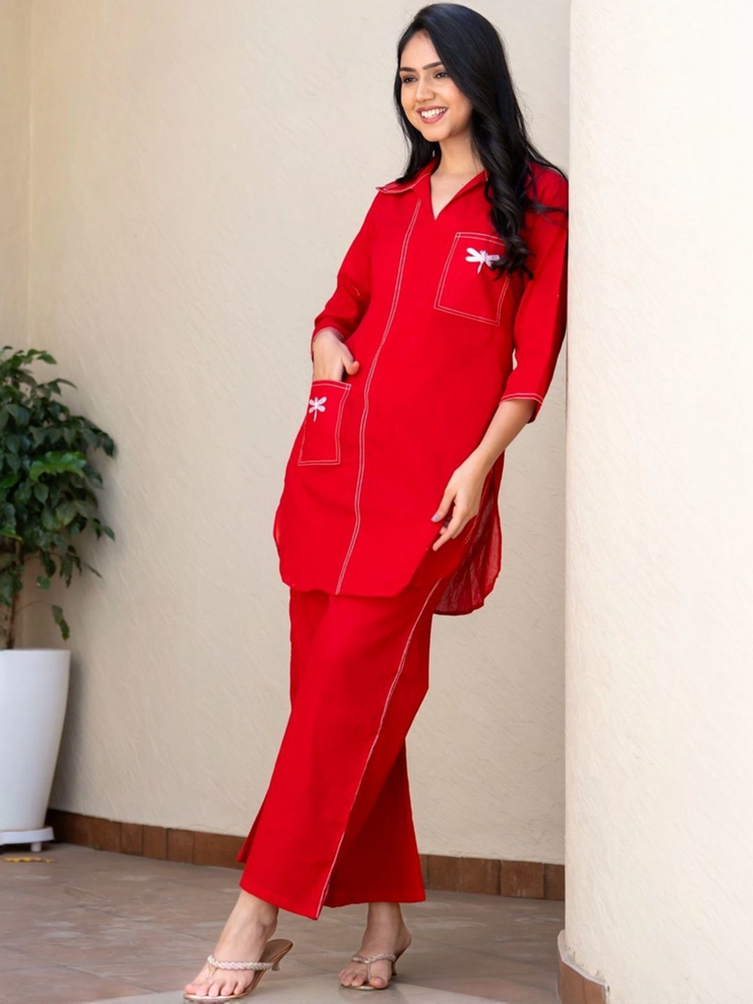 HOUSE OF JAMOTI Red Cotton Tunic Palazzo Set