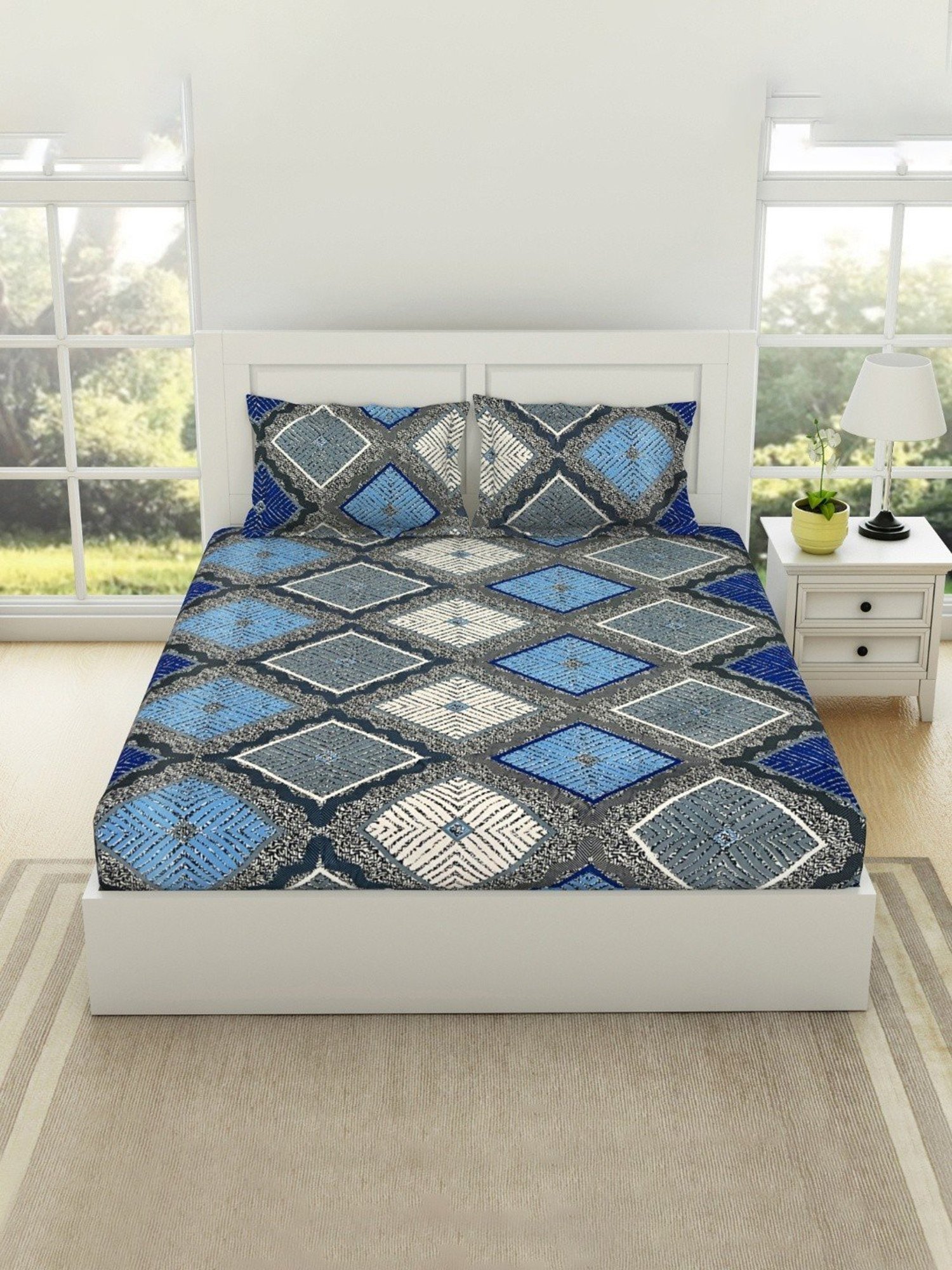 Welspun Block Print Navy Blue Microfiber Double Bedsheet with 2 Pillow Covers