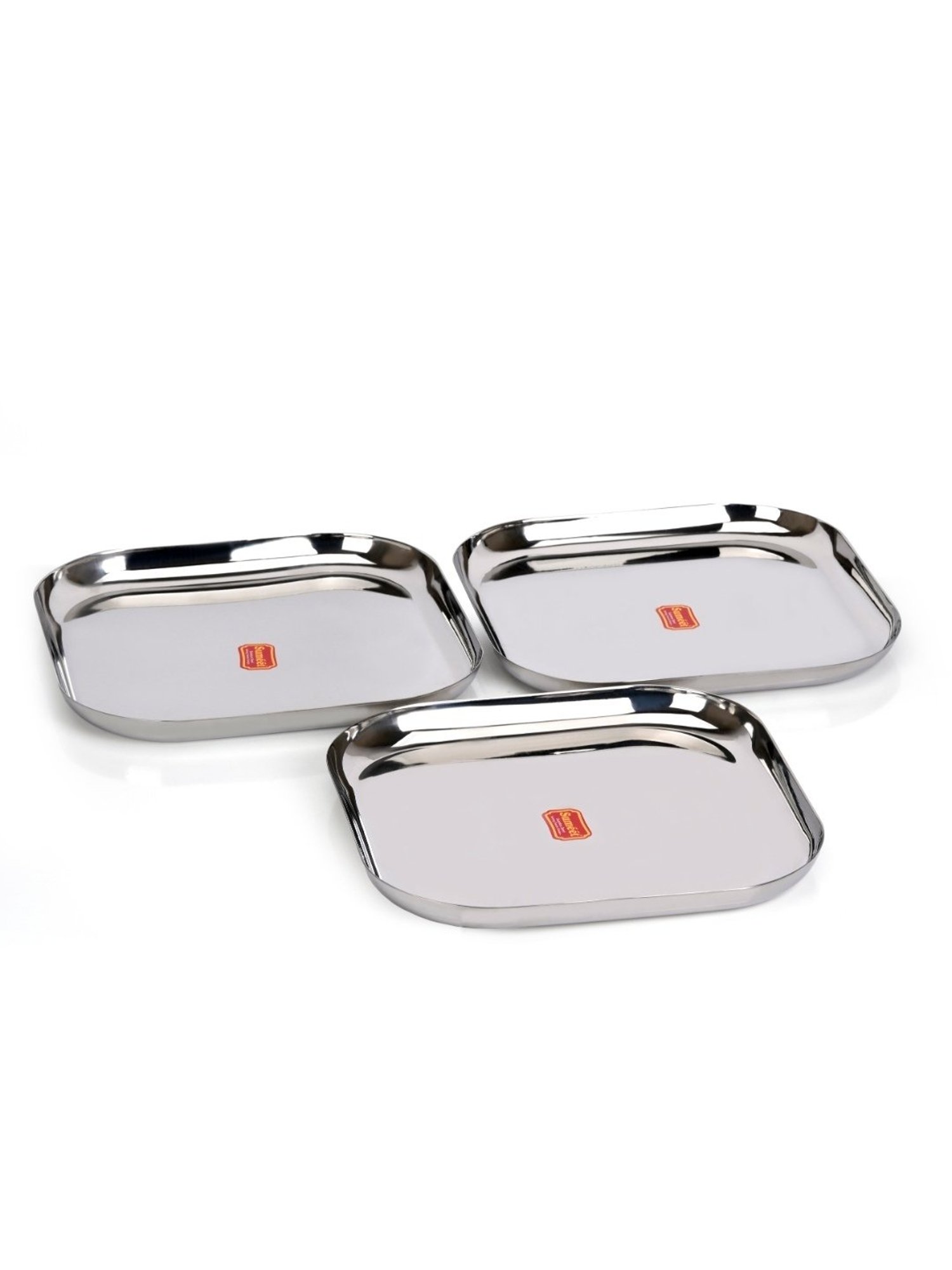 Sumeet S.S. Big Square Shape Plate/Dinner Plate/Lunch-Meal Plate Set of 3pcs, 28cm dia, Silver