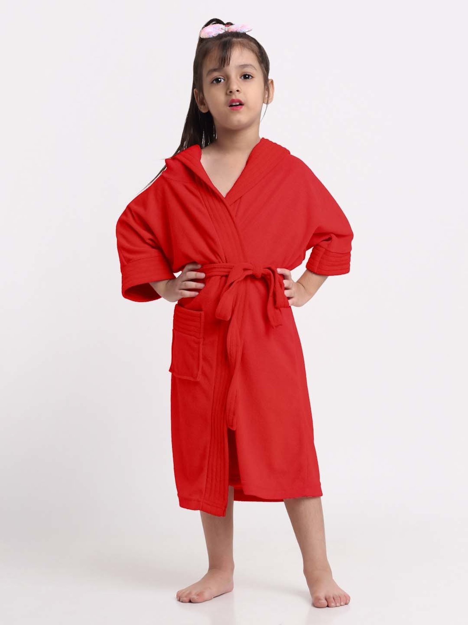 Creeva Melodious Red Micro Terry 225 GSM Kids Hooded Bathrobe 4-5 Years With Pocket