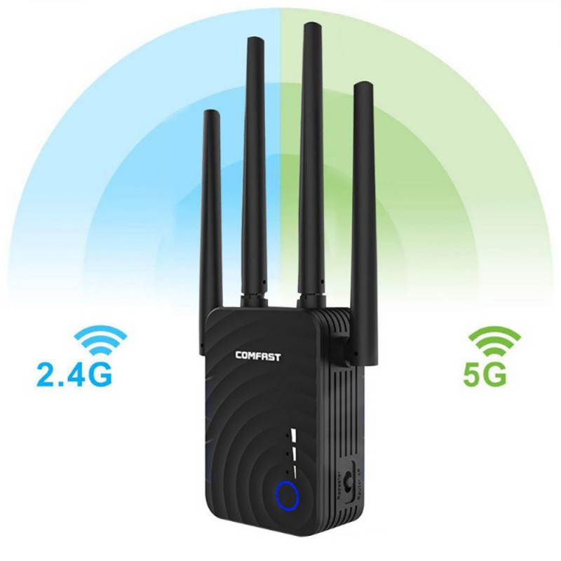 WiFi Range Extender, 1200Mbps WiFi Repeater Wireless Signal Booster, 2.4G & 5.8Ghz Dual Band Wifi Long Range Extender Black