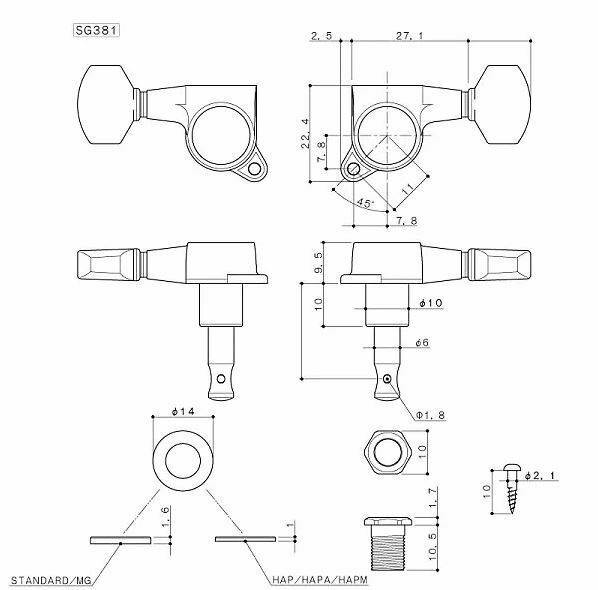 Gotoh SG381 HAP 6 Inline Post-Height adjustable Tuners BLACK TK-7660-003