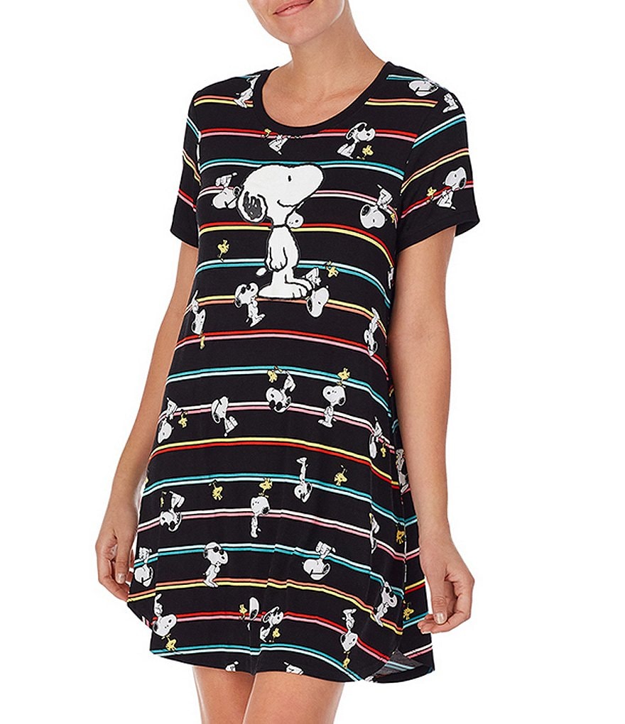 Peanuts Striped Toss Snoopy and Woodstock Print Knit Sleepshirt