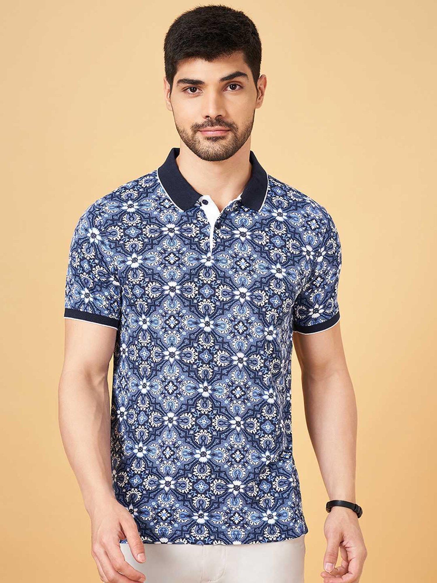 Byford By Pantaloons Navy Slim Fit Printed Polo T-Shirt