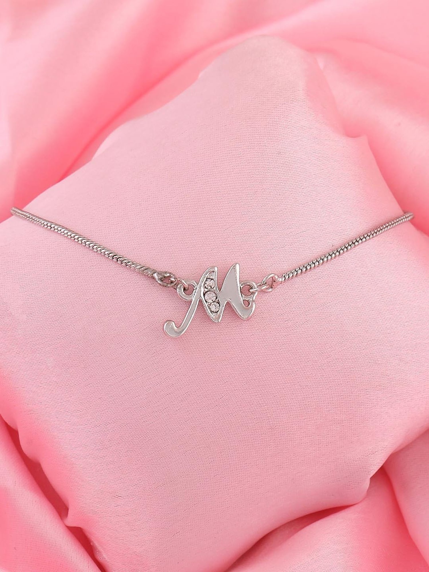 Estele Rhodium-Plated M Letter Bracelet with Crystals for Women