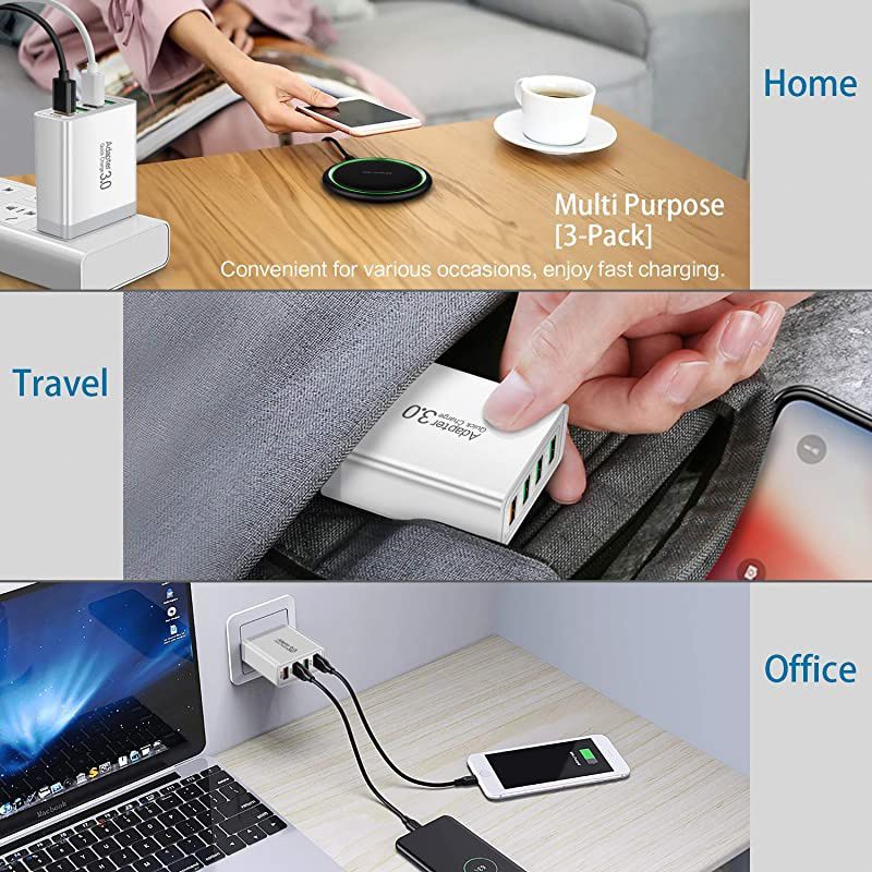 Fast QC 30 Wall Charger 3Pack  4Ports QC 30 USB Wall Charger Adapter Fast Charging Block Compatible Samsung Galaxy S10 S9 S8Note 8 9 iPhone iPad Wireless Charger Tablet and More