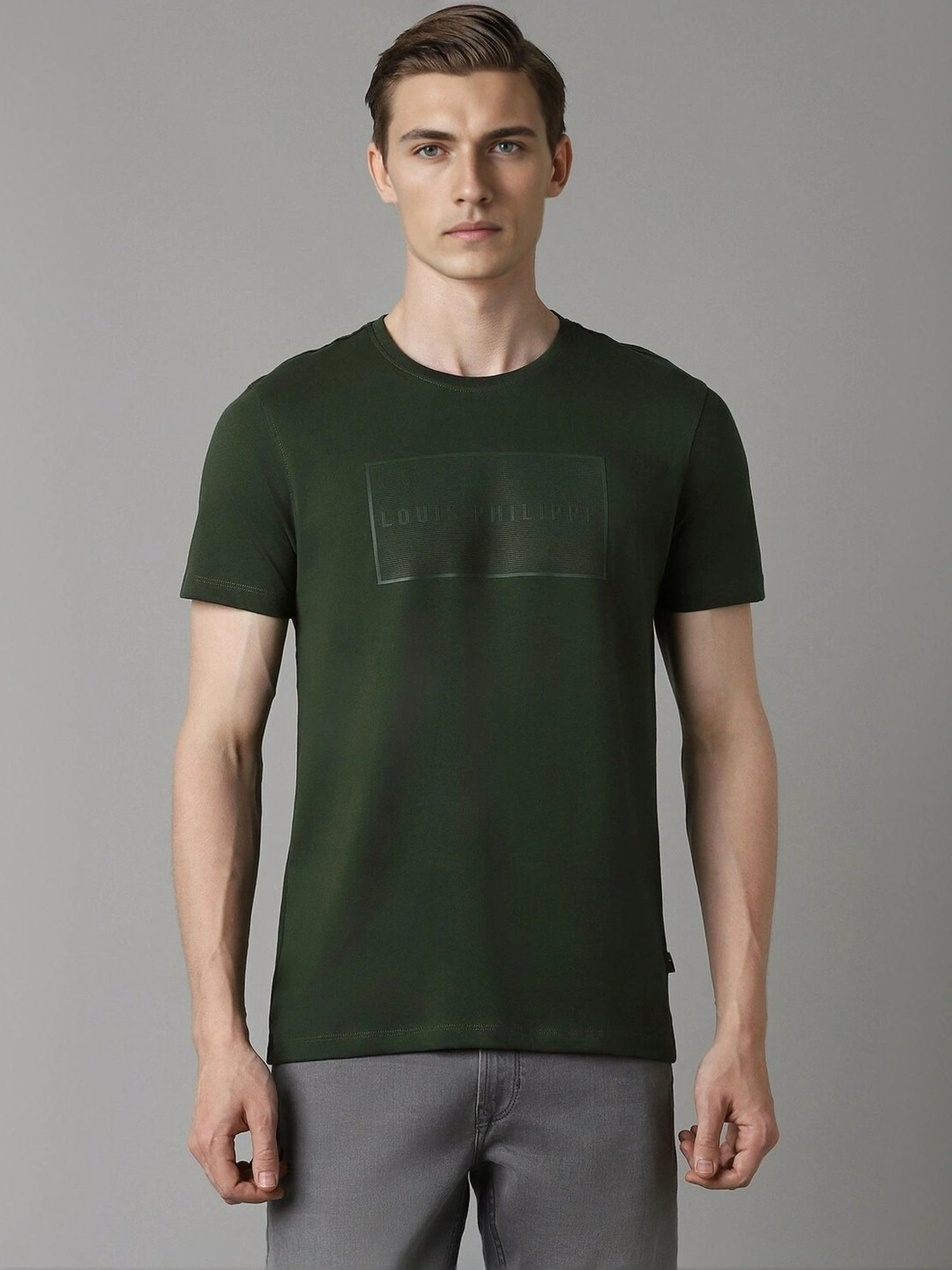 Louis Philippe Olive Cotton Slim Fit Printed T-Shirt