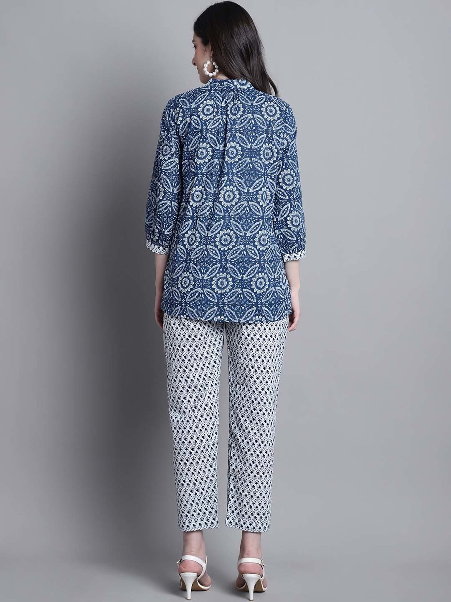 Prakrti Blue & White Cotton Printed Top Pant Set