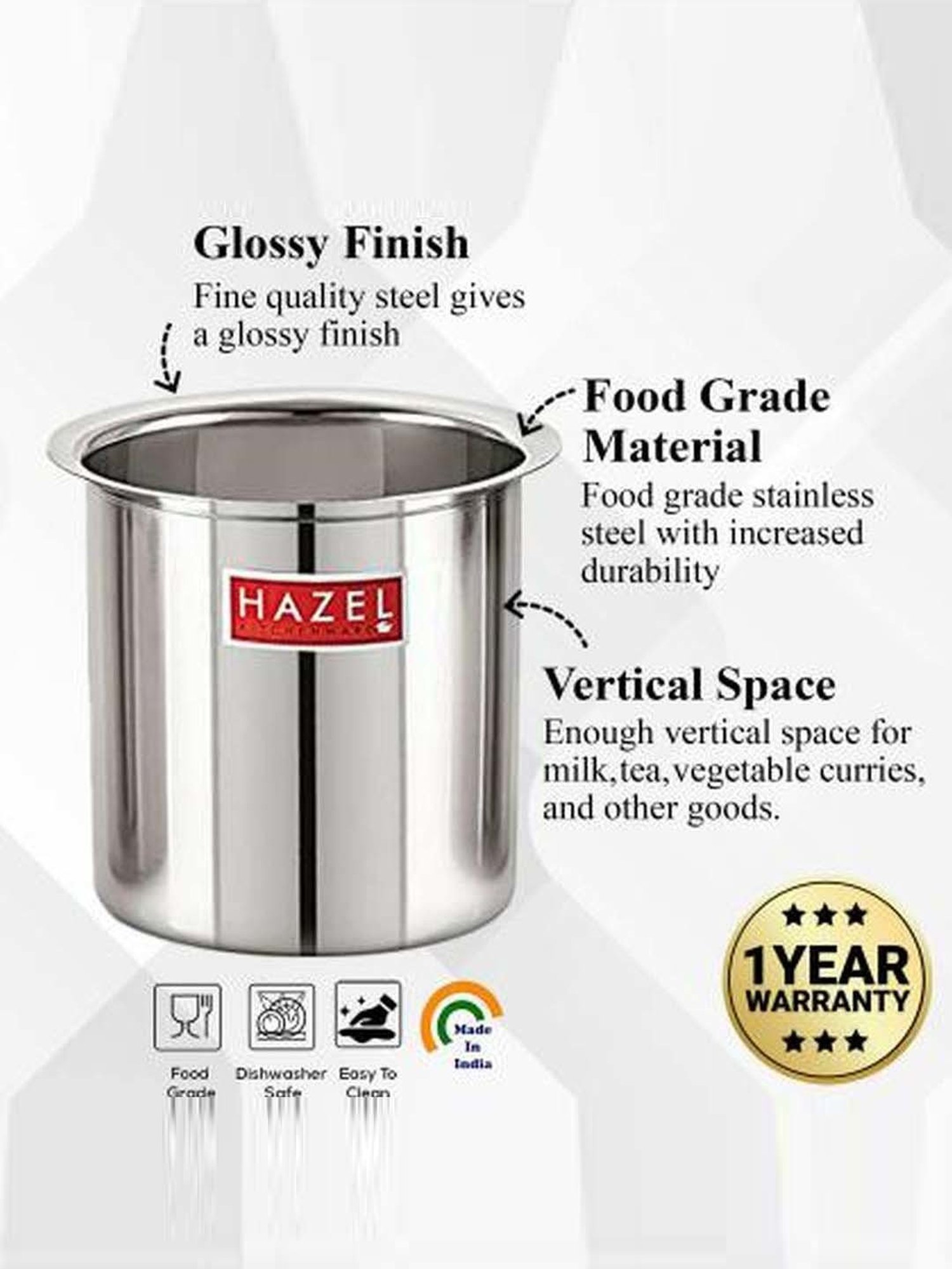 HAZEL Steel Milk Pot Stainless Steel Boiler Container Boiling Vessel Gunj for Kitchen, 1800 ml
